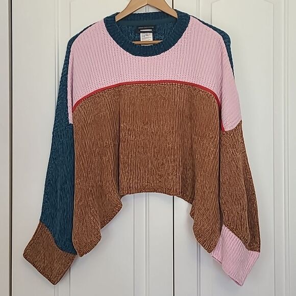 Urban Outfitters Pink Blue Brown Color blocked Cropped Sweater Size L - Picture 2 of 9